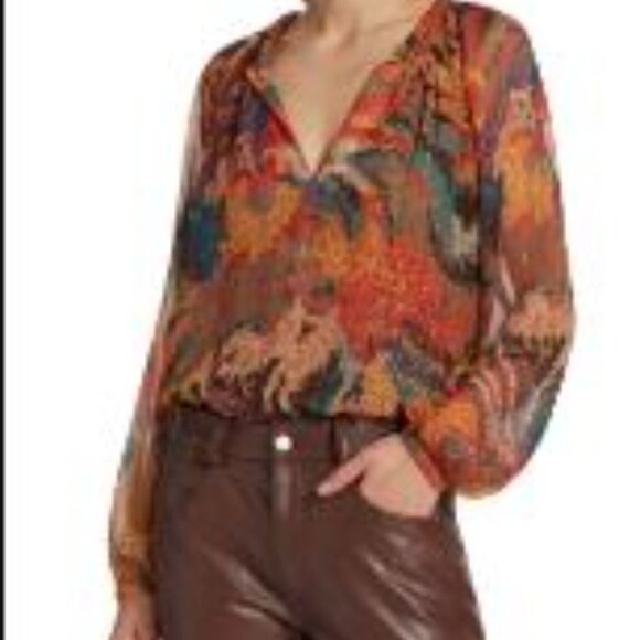 A.L.C. Metallic Floral V-Neck Silk Tunic Blouse Long Sleeve Size 8 Multicolor - Picture 1 of 4